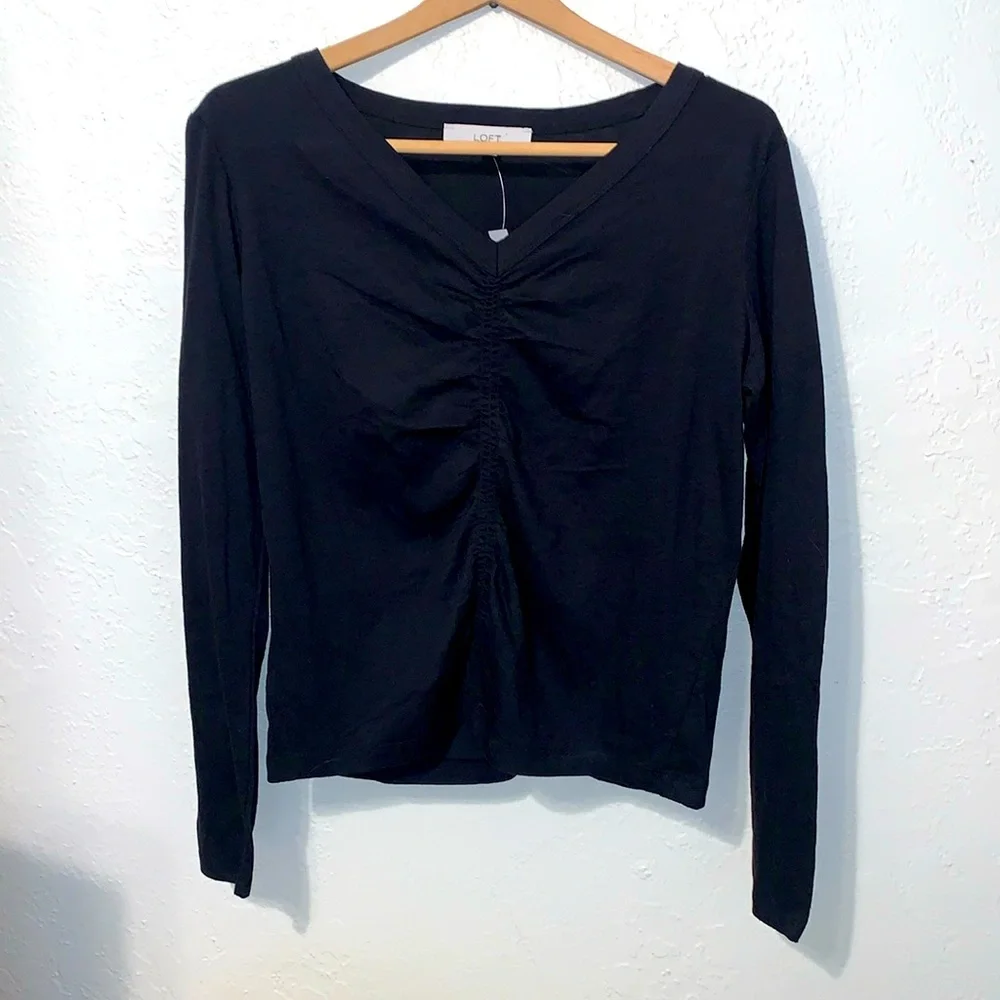 Loft Long Sleeve T Shirt V Neck Black Fitted Lightweight Ruched Front Large